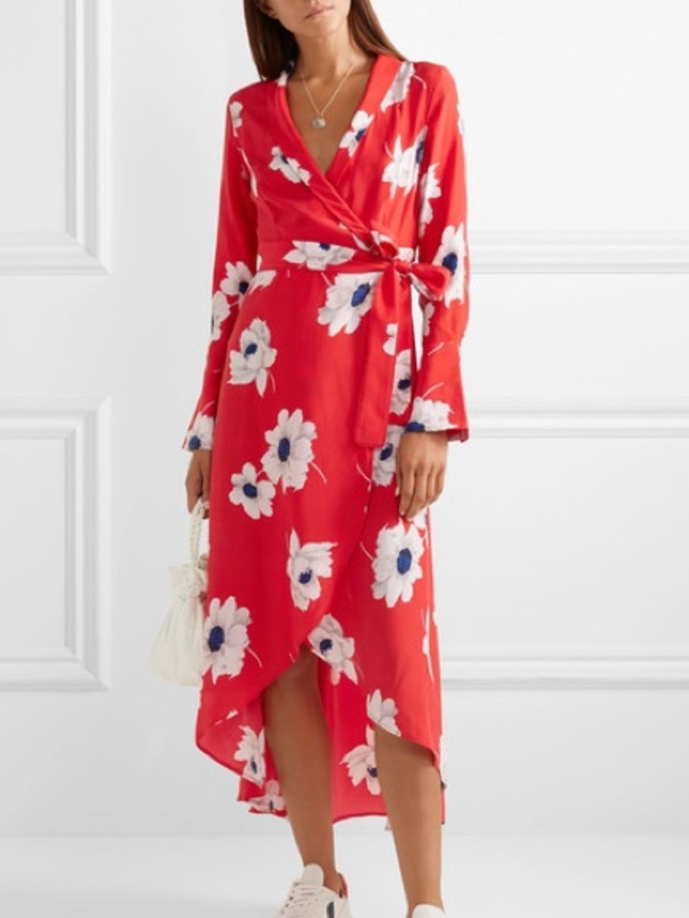 Equipment Red Floral Silk Wrap High-Low Maxi Dress - XS